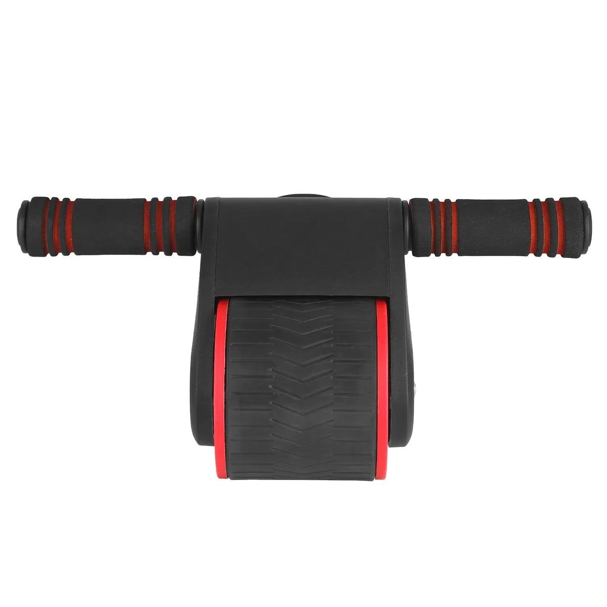 Front view of red-and-black ab roller with dual wheels and handles