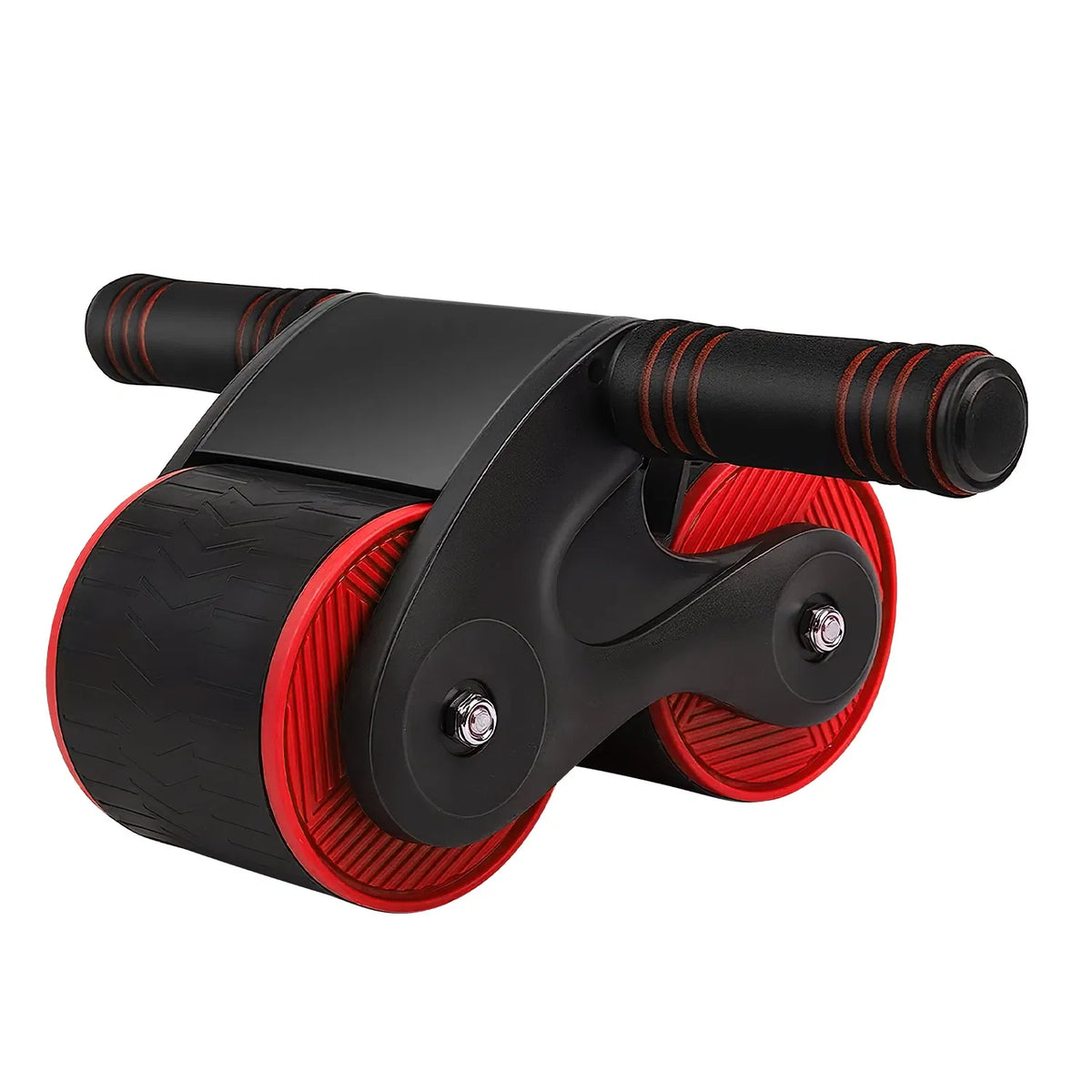 Double-wheel ab roller showing red wheel rims and foam-grip handles