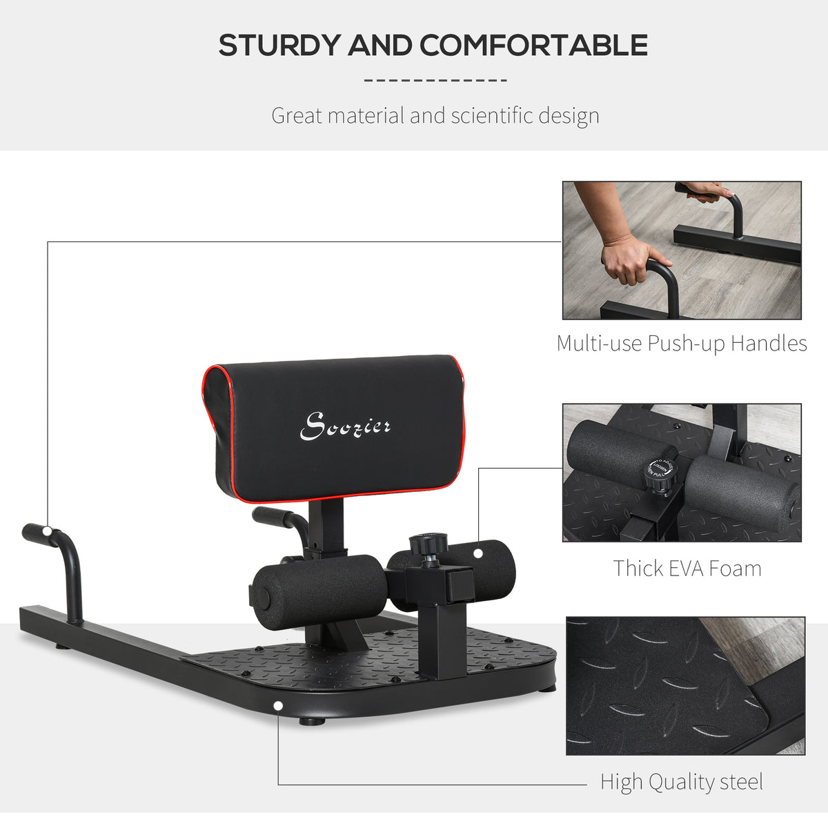 3-in-1 home gym machine showing push-up handles, foam rollers, and steel frame
