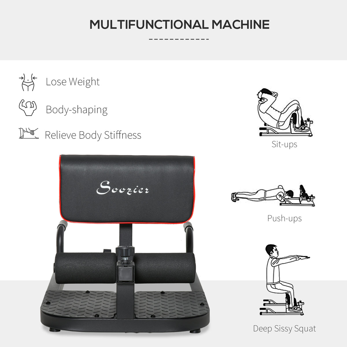3-in-1 home gym machine with sit-up, push-up, and squat exercise diagrams