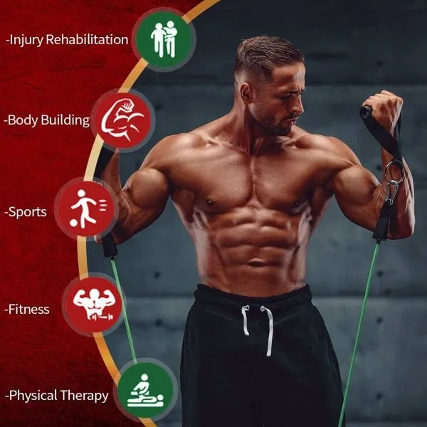 Athlete performing a biceps curl with resistance bands and handles