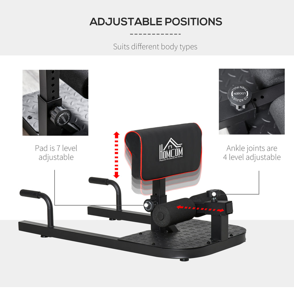 3-in-1 home gym machine diagram showing adjustable back pad and ankle rollers