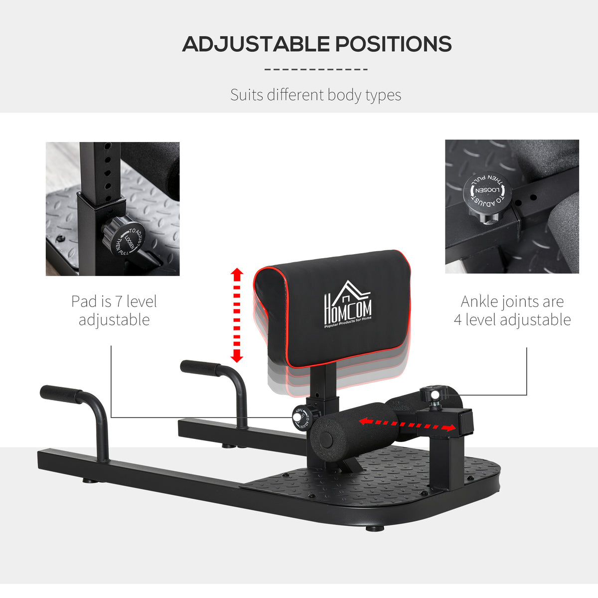 3-in-1 home gym machine diagram showing adjustable back pad and ankle rollers