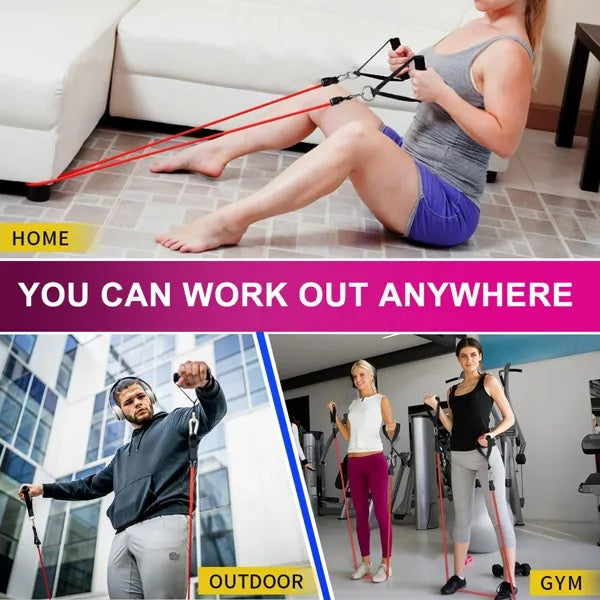People using resistance bands at home, outdoors, and in a gym