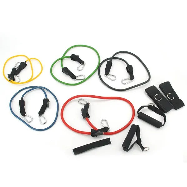 Five colour-coded resistance tubes with handles and attachments on a white background
