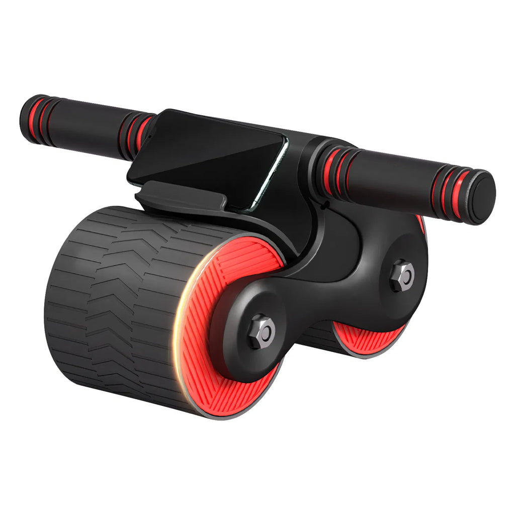 Red-and-black automatic rebound ab roller with phone holder, angled front view